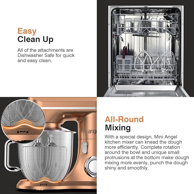 Mini Angel Stand Mixer,10-Speed 5QT Kitchen Electric Mixer,Tilt-Head Food Mixer with Dough Hook, Wire Whisk, Flat Beater, Stainless Steel Bowl (Champagne)