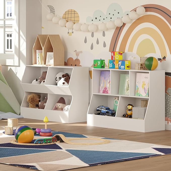 DINZI LVJ Kids Bookshelf, Toy Storage Organizer, Wooden Toy Cabinet, 4 Cubby Children Bookcase, 39.4" L Toddler Book Shelf for Bedroom, Nursery, Hallway, School, White