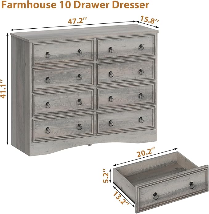 Grey 8 Drawer Dresser for Bedroom, Wood Chest of Drawers, Large Storage for Clothes, Vintage Design, for Living Room, Bedroom, Hallway 47.24W*15.75D* 41.2''H