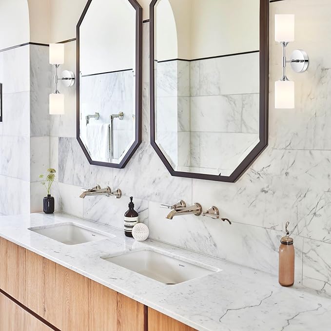 2-Lights Modern Wall Sconce White Cylinder Glass Shades Mid Century Bathroom Vanity Wall Light Fixtures Industrial Wall Lamp for Bedroom Mirror Living Room Restaurant(Chrome Color)