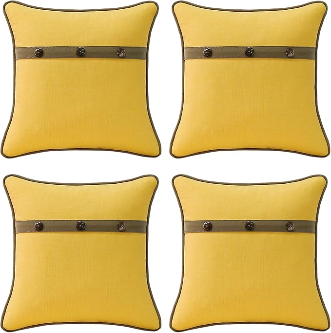 Outdoor Sunbrella Decorative Pillows with Triple Coconut Buttons Pack of 4, 18" x 18" Outdoor Pillow Set for Couch Bed Throw Patio Sofa, Spectrum Daffodil/Canvas Cocoa