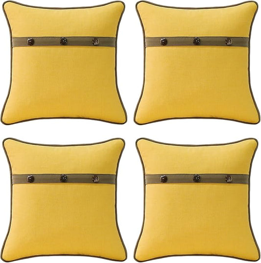 Outdoor Sunbrella Decorative Pillows with Triple Coconut Buttons Pack of 4, 18" x 18" Outdoor Pillow Set for Couch Bed Throw Patio Sofa, Spectrum Daffodil/Canvas Cocoa