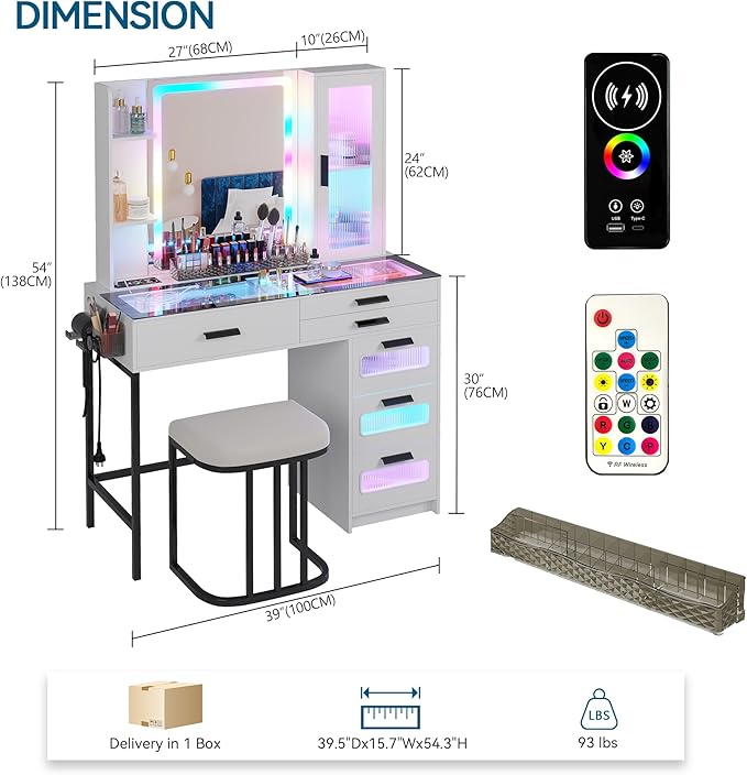 HENBC Vanity with Mirror and LED Lights, Glass Top Vanity Desk with Charging Station(Wireless+USB+Type-C), RGB Makeup Table Set with Stool/Makeup Organizer/6 Drawers (White)