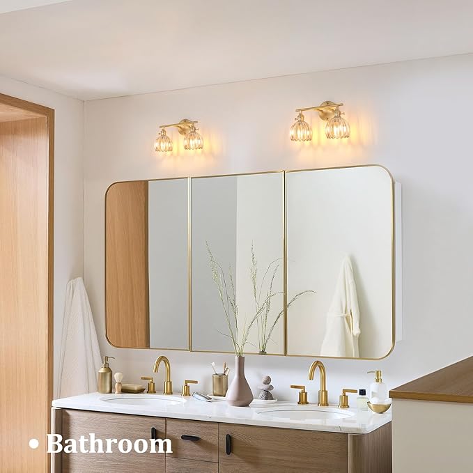 Bathroom Light Fixtures, 2-Light Brass Vanity Wall Light Over Mirror with Amber Tulip Glass Shade for Bedroom Living Room