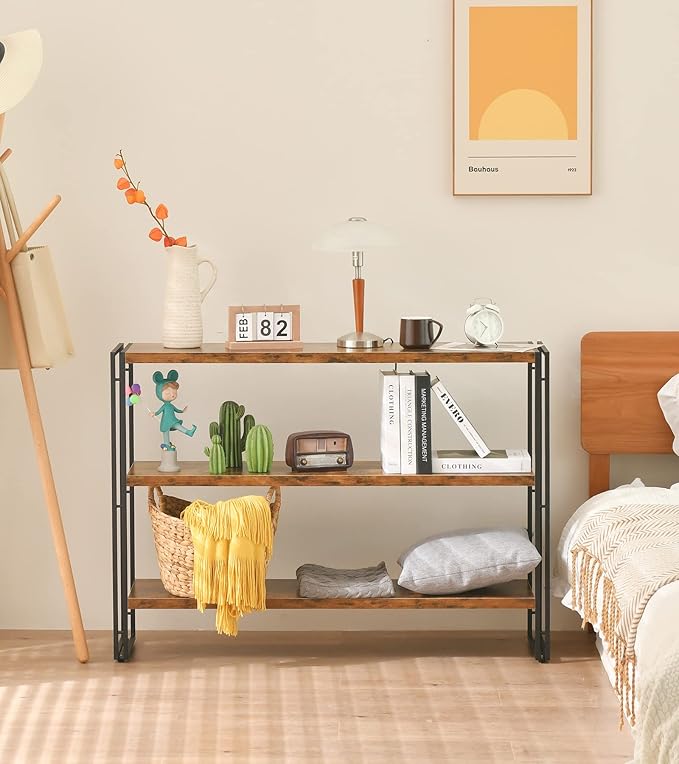 HCHQHS 3-Tier Rustic Wood and Metal Industrial Bookshelf for Home Office, Bedroom, Kitchen, Bathroom - 47in