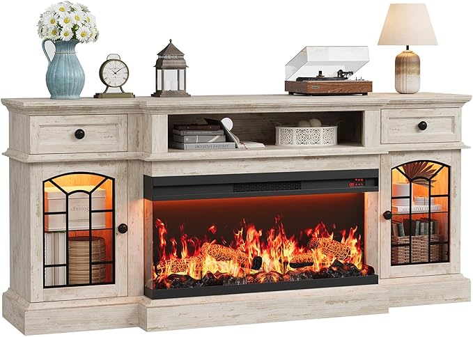 QUW 70" Farmhouse Fireplace TV Stand for TVs up to 80", Entertainment Center with 36" 3-Side Glass Electric Fireplace with Open Shelf and Cabinet, TV Console for Living Room, Antique Brush Grey