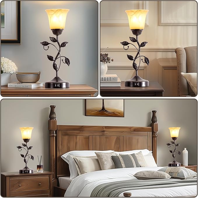 RORIANO Set of 2 Touch Vintage Table Lamps with 2 USB Ports, 3-Way Dimmable Nightstand Flower Lamps, Amber Glass Shade Rustic Leaf Lamp for Living Room Bedroom, LED Bulb Included (Bronze)