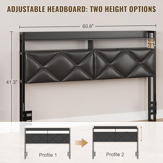 Headboard Queen Size with 2-Tier Open Storage and LED Light, Upholstered Headboard with Charging Station, Height Adjustable Sturdy Queen Bed Head Only for Dorm Bedroom, Easy Assembly, Black