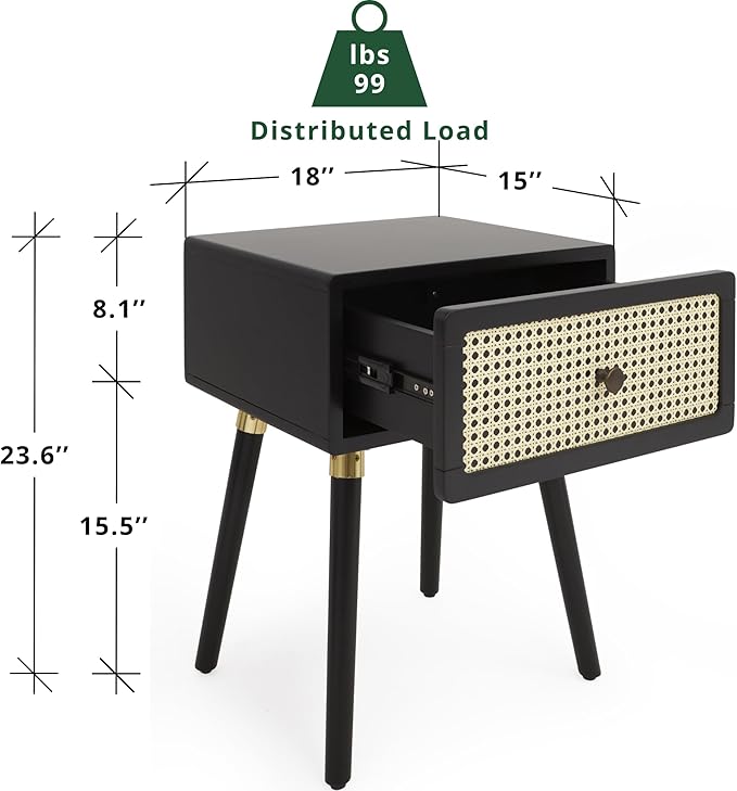 Bme Nipe Black Solid Wood Rattan Nightstand Fully Assembled, Woven Cane End Table, Bedside Table for Modern Bedroom, Boho Living Room with Long Wood Legs Large Storage 1-Drawer