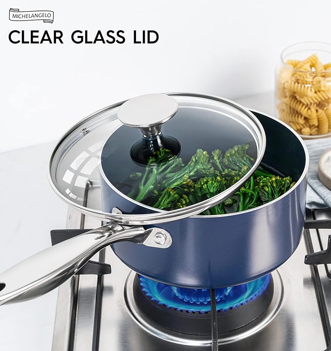 MICHELANGELO 3 Quart Saucepan with Lid, Nonstick Ceramic Sauce Pan with Stainless Steel Handle, 3 Qt Saucepan with Lid Induction Compatible, Oven Safe, Blue
