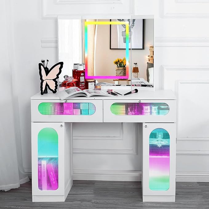 Vanity Desk with Tri-Fold Mirror and Lights, LED Makeup Vanity with 2 Drawers, 2 Doors Storage, Gifts for Girls/Women (White)