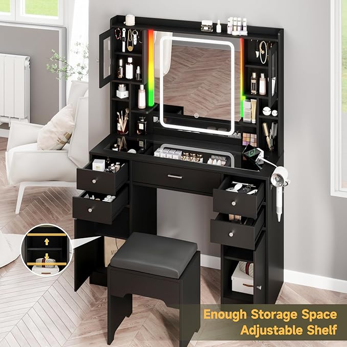 Black Vanity Desk with LED Mirror,Makeup Vanity with Charging Station & RGB Lights,5 Drawers 4 Shelves Makeup Desk Vanity Table Stool Set with Glass Table Top & Time Display Lights