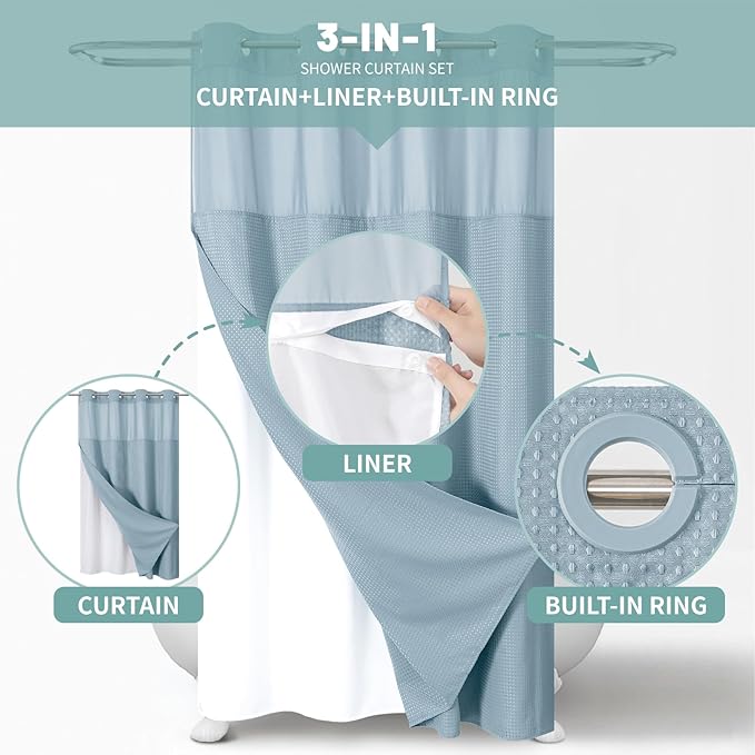 Teal No Hook Waffle Weave Shower Curtain with snap-in Liner Replacement, 230GSM Waterproof Fabric Hotel Shower Curtain Set for Bathroom, Through Mesh Top Window,54Wx80H