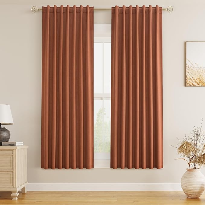 Guken Terracotta Linen Blackout Curtains 63 Inch Length 2 Panels Set for Living Room Bedroom Back Tab Thermal Insulated 100% Black Out Linen Drapes Room Darkening Window Curtains 63 Inches Long