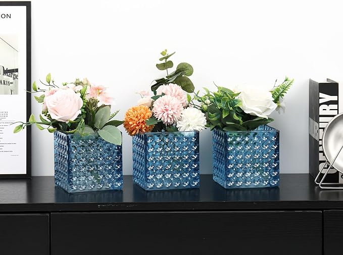 Square Vases Set of 6, 5" x 5" x 5" Square Glass Vases for Flowers, Blue Flower Vase for Centerpieces, Small Bubble Vase for Wedding, Party, Home, Office, Parties, Events