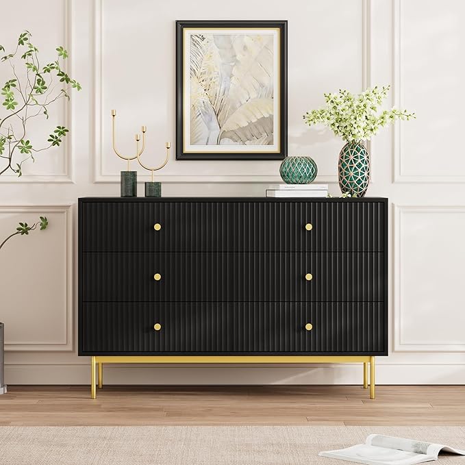 6 Drawer Double Dresser for Bedroom, Black Dresser with Gold Handles, Black 6 Drawer with Fluted Panels for Bedroom
