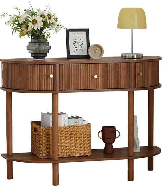 43.3“ Fluted Half Moon Console Table, Modern Entryway Console Sofa Table with Storage, Narrow Wood Accent Tables Behind Couch Tables for Living Room, Hallway, Foyer(Walnut)