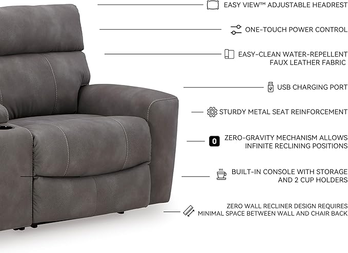 Signature Design by Ashley Next-Gen DuraPella Contemporary Faux Leather Modular Wall Hugger 3-Piece Power Reclining Sectional Loveseat with Console, Adjustable Headrest and USB Ports, Gray