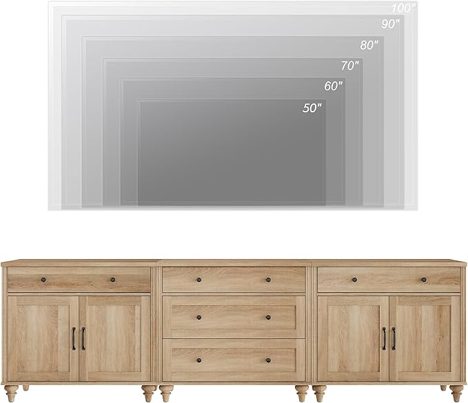 WAMPAT Farmhouse TV Stand for 100 Inch TV, 3-in-1 TV Console Table with 5 Drawers and 4 Doors, Entertainment Center for 75/80/85/90 Inch TV, Kitchen Sideboard Buffet Cabinet for Dining Room, Oak
