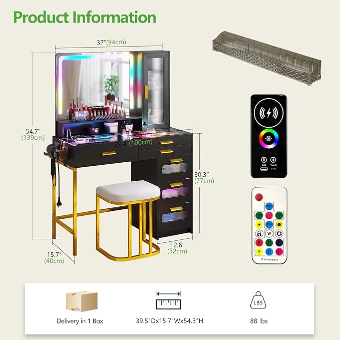HENBC Vanity with Mirror and LED Lights, Glass Top Vanity Desk with Charging Station(Wireless+USB+Type-C), RGB Makeup Table Set with Stool/Makeup Organizer/6 Drawers for Bedroom,Black