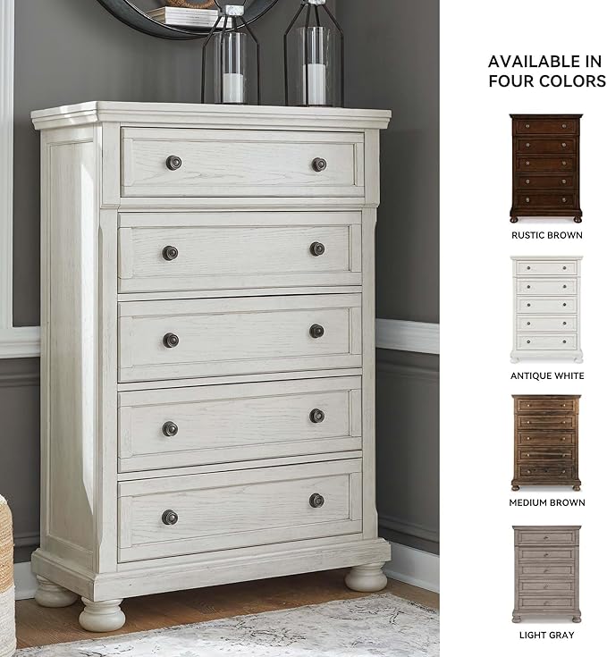 Signature Design by Ashley Robbinsdale Traditional 5 Drawer Chest, Antique White