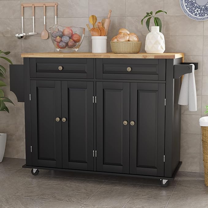 Rolling Kitchen Island with Drop Leaf – Movable Kitchen Carts on Wheels Island with Storage Cabinet, Island Table for Kitchen with Rubber Wood Top and Rack and Drawer, Matte, Black