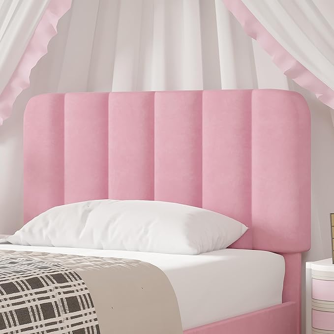 VECELO Twin Size Bed Frame with Upholstered Headboard, Velvet Platform Bedframe Mattress Foundation, Strong Wood Slat Support, No Box Spring Needed,Pink