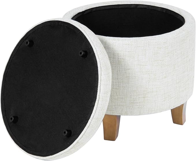 HomePop Home Decor | Upholstered Round Tufted Foot Rest Ottoman | Ottoman with Storage for Living Room & Bedroom | Decorative Home Furniture, Cream Textured Solid