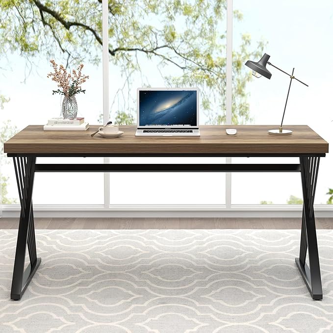 FOLUBAN Modern Home Office Desk, Wood and Metal Computer Desk, Industrial Study Writing Work Table for Bedroom Living Room, Oak, 60 Inch