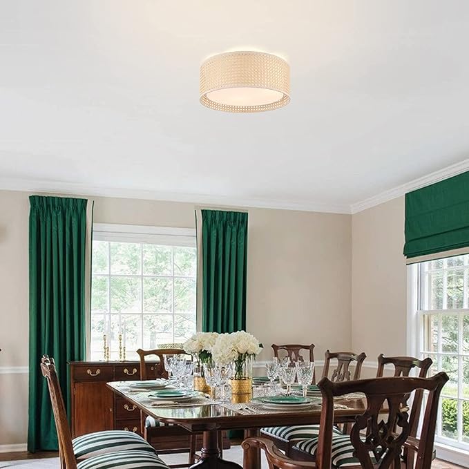 WINGBO 15.7" Modern 3-Light Flush Mount Ceiling Light Fixture with Rattan & Fabric Double Drum Shade for Bedroom Living Room Dining Room Hallway Entryway, Khaki