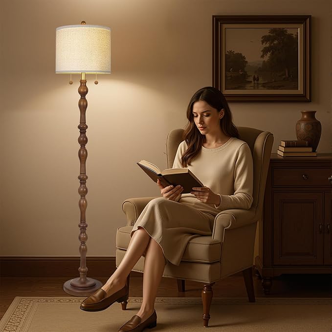 65.5" Natural Real Wood Floor Lamp with S Cluster Pull Chains Dual Switch,Wood Base Standing Lamp,Rustic Tall Lamp with Linen Shade,Farmhouse Floor Lamp for Living Room,Bedroom,Office(Bulb Included)