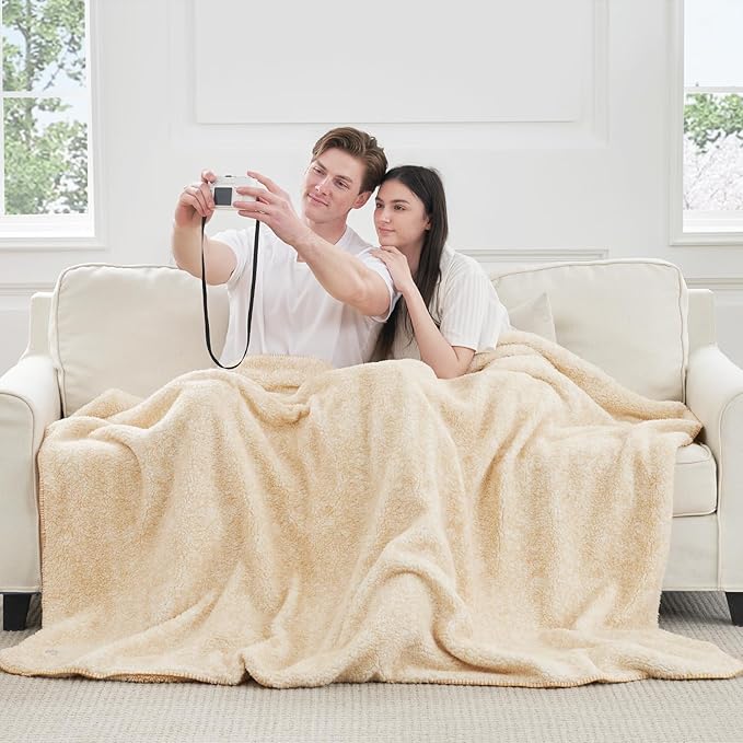 Cozy Bliss Ultra Soft Reversible Double Sherpa Sided Blanket, Fluffy Thick Warm Plush Fuzzy Blanket for Couch, Bed and Gifts (Mottled Beige, 60" x 80")
