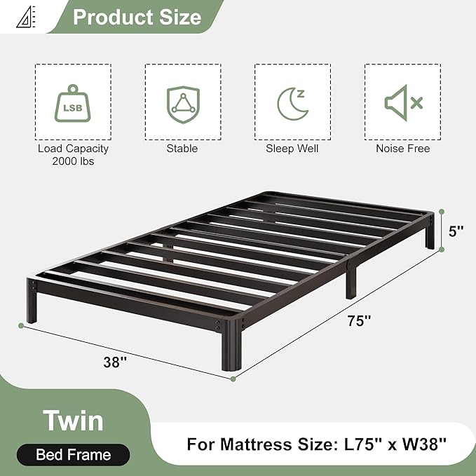 5 Inch Low Twin Bed Frames with Rounded Corner Legs, 1000 LBS Heavy Duty Metal Twin Platform Bed Frame with Steel Slats Support, No Box Spring Needed, Noise Free, Easy Assembly