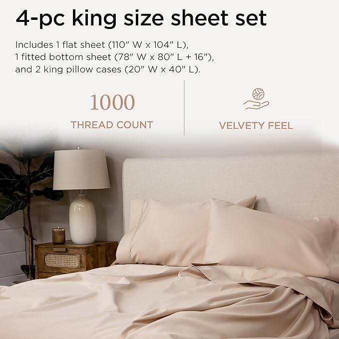 Threadmill Supima Cotton Sheets, 1000tc Luxury Soft King Sheets, 4 Pc Beige Set,tia Yield Hotel Quality with Deep Pocket Elastic Fitted
