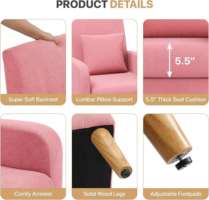 Magshion Mid-Century Accent Chair for Living Room, Comfy Reading Chair for Bedroom, Upholstered Linen Fabric Armchair Single Sofa with Back Pillow & Wood Legs, 300 lbs Capacity, Pink