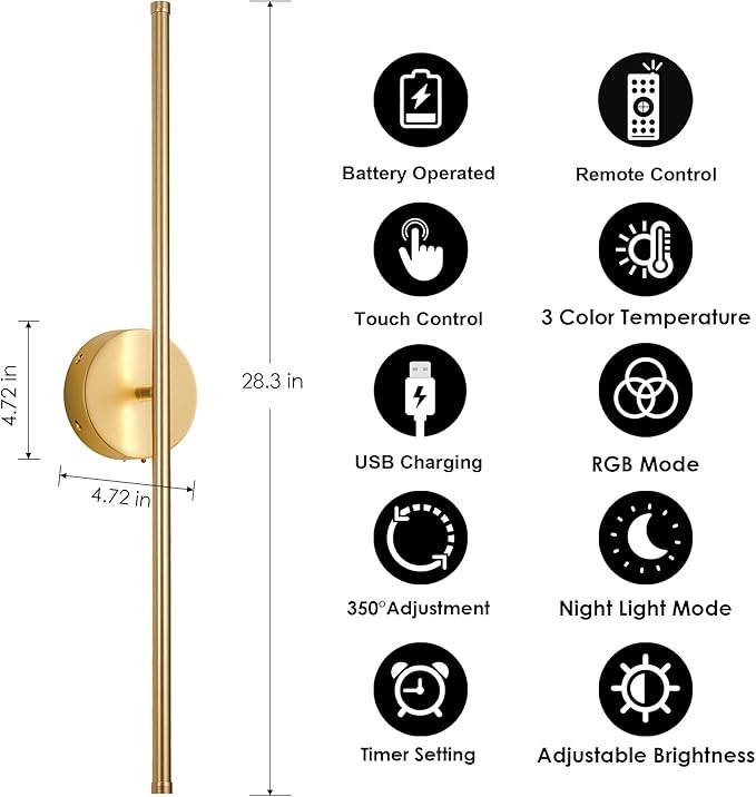Battery Operated Wall Sconces Set of Two, with Remote Control, Dimmable, Warm White/Natural White/Daylight/RGB, 350°Rotate, LED Gold Wireless Wall Light for Living Room, Bedroom, 28.3 Inch