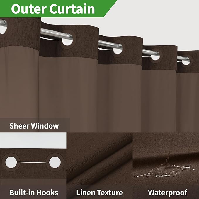 Long No Hooks Needed Linen Textured Shower Curtain with Snap-in Fabric Liner Set,Hotel Luxury Decor Shower Curtains for Bathroom,Waterproof & Washable,71Wx80H,Brown