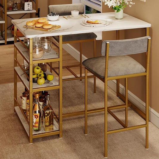 GAOMON Dining Table Set for 2, Kitchen Table and Upholstered Chairs for 2, 3 Piece Counter Height Bar Kitchen Table Set with 3 Storage Shelves for Small Space, Apartment, Velvet Gray and Gold White