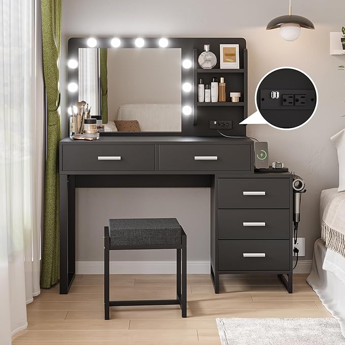 Semiocthome Makeup Vanity Desk with Mirror and Lights, Make Up Vanity Table Set with Power Outlet, Shelves and 5 Drawers, 3 Lighting Modes & Adjustable Brightness Dressing Table with Chair - Black