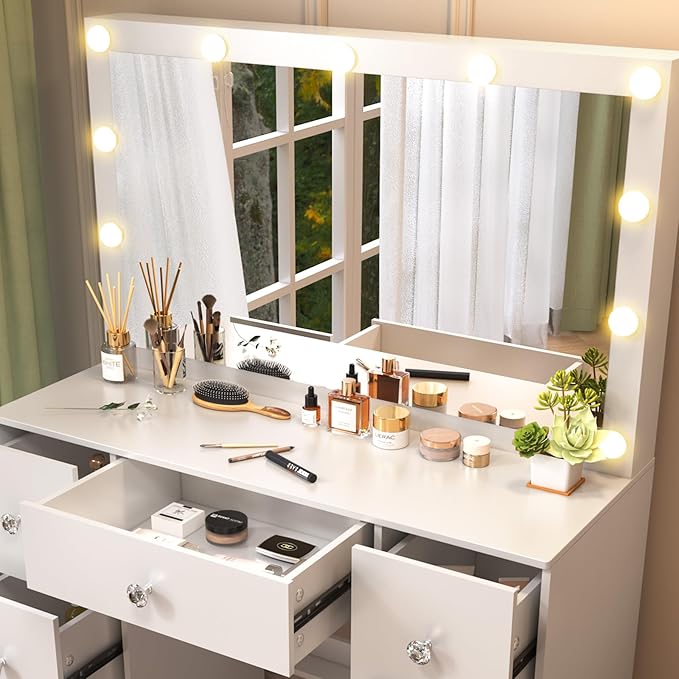 JBLCC Vanity Desk with Mirror and Lights, 39.4''W White Makeup Vanity with 3-Color Lighted Mirror, 7 Drawers & Open Shelves, Big Vanity Table for Bedroom, Girls & Women