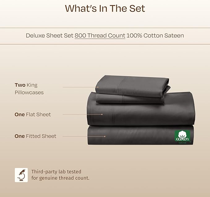 California Design Den Luxury 100% Cotton Sheets King Size Sheet Set - Buttery Soft 800 Thread Count Sateen- Beats Fake Egyptian Claim, Bedding Set with Durable Deep Pocket Fitted Sheet (Grey)