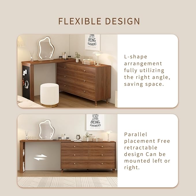 Vanity Desk with Mirror and Lights for Bedroom Furniture, Makeup Table and Chair Stool Set for Girls' Vanities,Dressing Table with A 6-Drawer Dresser and 3 Color Lighting Modes