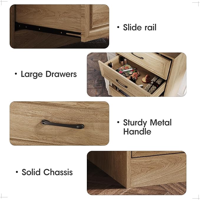 Fameill Dresser for Bedroom, Tall Dresser for Hallway, 6 Drawer Wide Dresser Organizer with Charging Station for Closet, Wood Dresser with Metal Handles, Oak
