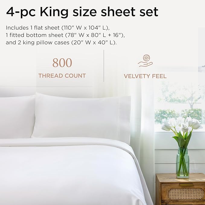 Threadmill Luxury 800 Thread Count King 100% Cotton Sheets - Hotel White Sateen Weave Bed-Sheets, Better Than Egyptian Cotton, 4 Pc Solid Soft Bed Set, Fits 16" Deep Pocket