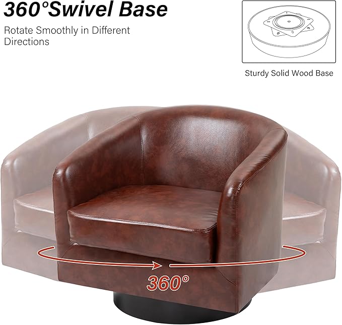 Swivel Barrel Chair, Modern Round PU Leather Accent Armchair for Living Room, Bedroom, Oversized Comfy Club Reading Chairs for Adults (Leather Red Brown, Set of 1)