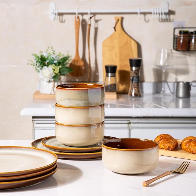 LeRatio Ceramic Dinnerware Sets for 6,Poreclain Plates and Bowls Sets,Handmade Reactive Glaze Dishes Set,Chip Resistant and Scratch Resistant | Oven&Dishwasher & Microwave Safe)-Kahki(18PCS)