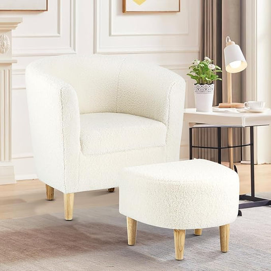 DAZONE Sherpa Accent Chair with Ottoman, White Fluffy Teddy Barrel Armchair for Cozy Living Room, Small Comfy Chairs for Bedroom, Reading Corner