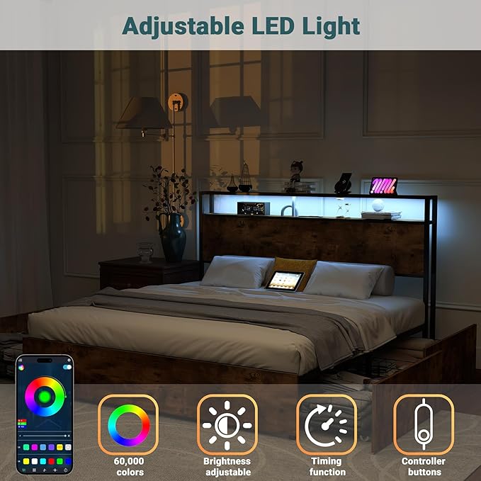 LED Full Size Bed Frame with Storage Wooden Headboard, Metal Platform Bed Frame Full Size with 4 Storage Drawers, Adjustable LED Lights, Charging Station, Noise Free, Easy Assembly, Brown