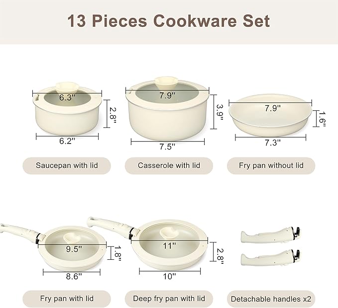 FAB&DELUXE Nonstick Cookware Set,13 Pcs Nonstick Pots and Pans with Lids, Aluminum Induction Cooking Set with Detachable Handle, Oven Safe, Non Toxic Healthy Kitchen Cookware Sets, PFAS and PFOA Free