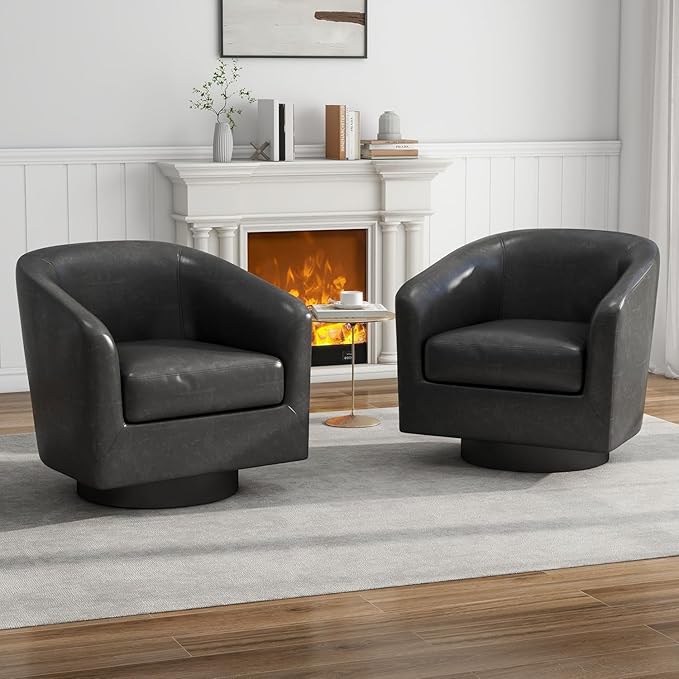 UIXE PU Leather Swivel Accent Chairs, Modern Upholstered Barrel Club Chair for Living Room, Round Armchair Single Sofa Bedroom Side Reading Seat - Charcoal Black, Set of 2